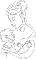 One continuous line drawing of mother holding baby black color only vector