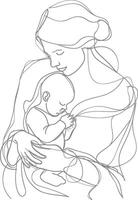 One continuous line drawing of mother holding baby black color only vector