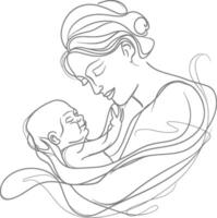 One continuous line drawing of mother holding baby black color only vector