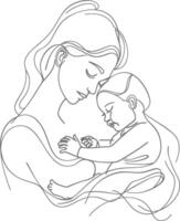 One continuous line drawing of mother holding baby black color only vector