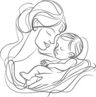 One continuous line drawing of mother holding baby black color only vector