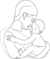 One continuous line drawing of mother holding baby black color only vector