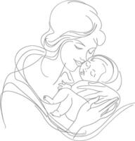 One continuous line drawing of mother holding baby black color only vector