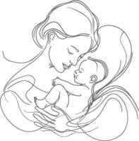 One continuous line drawing of mother holding baby black color only vector