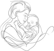 One continuous line drawing of mother holding baby black color only vector