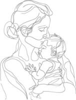 One continuous line drawing of mother holding baby black color only vector