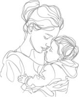 One continuous line drawing of mother holding baby black color only vector