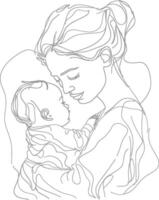 One continuous line drawing of mother holding baby black color only vector