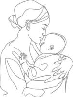 One continuous line drawing of mother holding baby black color only vector