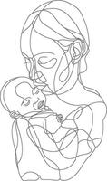 One continuous line drawing of mother holding baby black color only vector