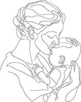 One continuous line drawing of mother holding baby black color only vector