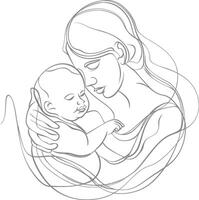 One continuous line drawing of mother holding baby black color only vector