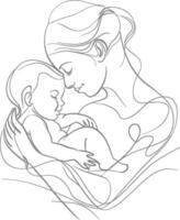 One continuous line drawing of mother holding baby black color only vector