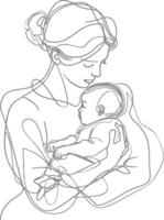 One continuous line drawing of mother holding baby black color only vector