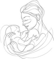 One continuous line drawing of mother holding baby black color only vector