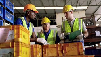 profesional hembra y masculino almacén cheques valores trabajadores, internacional coche partes, importación y exportación, y logístico negocio conceptos video