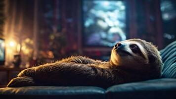 Sloth lying down on the couch in living room at night, video