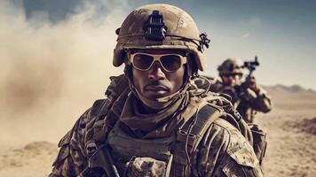 Soldier in harsh desert environment, video