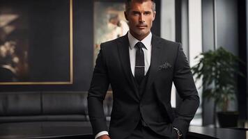 ben vestito uomo d'affari nel elegante completo da uomo in posa nel moderno aziendale attività commerciale ufficio interno, video