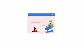 fêmea desenvolvedor trabalhando sobre página da web linha 2d personagem animação. local na rede Internet estrutura de arame plano cor desenho animado 4k alfa canal. caucasiano mulher rede desenhador animado pessoa em branco fundo video