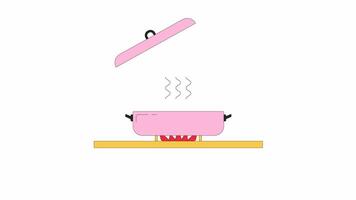 Lifting lid off pot on stove line 2D object animation. Raising steam cookware. Cooking kitchenware flat color cartoon 4K alpha channel. Boiling water in pot animated item on white background video