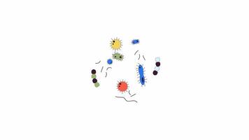 divers microorganismes colonie ligne 2d objets animation. microbiologie science plat Couleur dessin animé 4k alpha canaliser. bactérie recherche dans laboratoire Animé articles sur blanc Contexte video