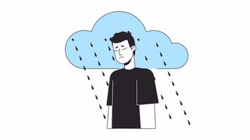 Lonely man under rain line 2D animation. Sad male suffering from negative thoughts 4K motion graphic. Seasonal depressive disorder linear animated cartoon flat concept, white background video