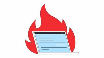 Laptop on fire line 2D animation. Burning tasks deadline. Digital burnout 4K motion graphic. Internet surfing addiction issue linear animated cartoon flat concept, white background video