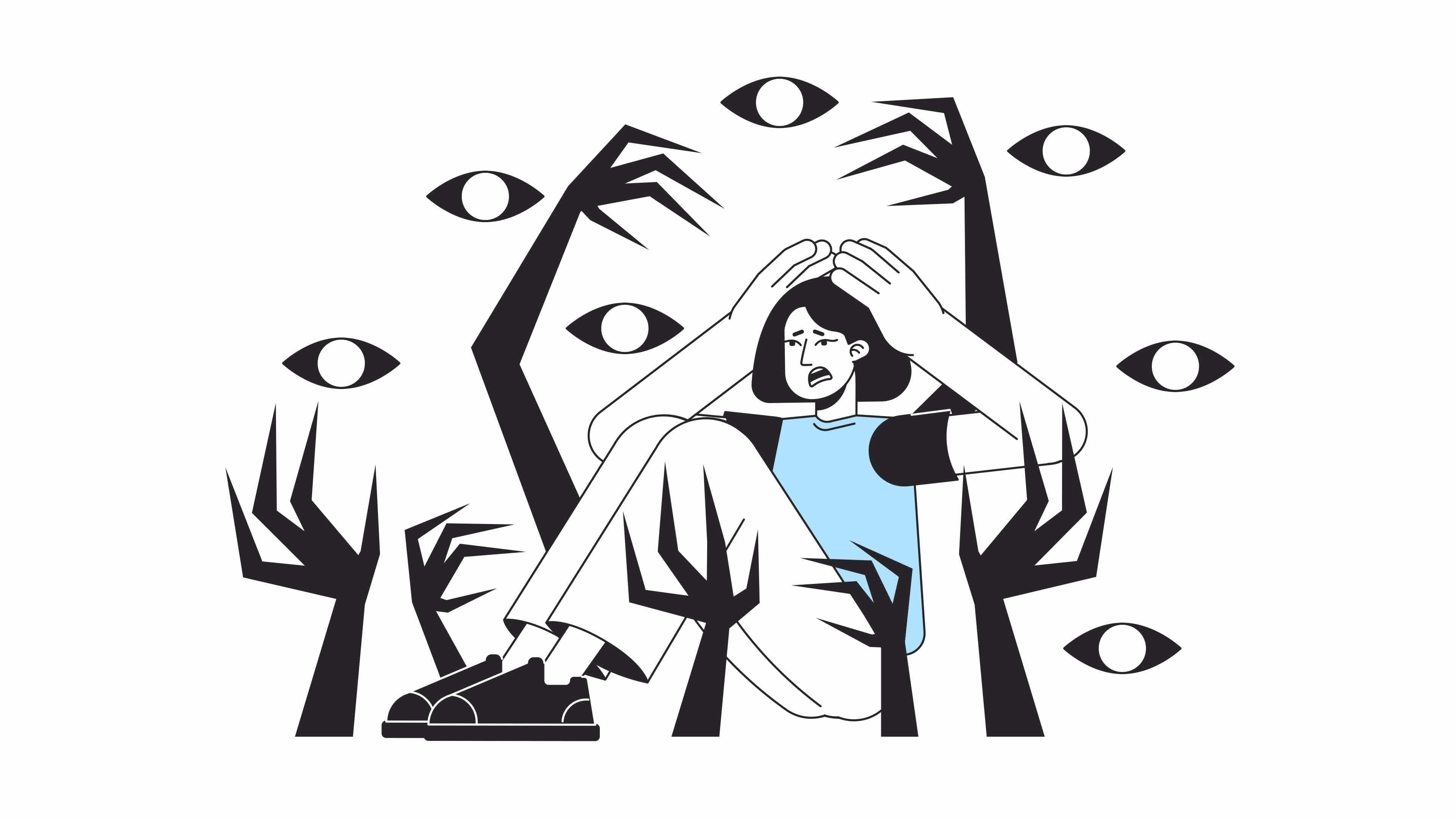 Woman coping with panic attack line 2D animation. Female suffering from