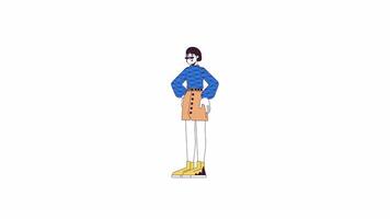 Pretty asian woman putting hand on hips line 2D character animation. Casual fashion flat color cartoon 4K alpha channel. Confident korean female animated person on white background video
