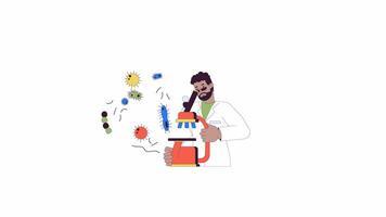 African american microbiologist looking in microscope line 2D character animation. Bacterium study flat color cartoon 4K alpha channel. Black man in lab animated person on white background video