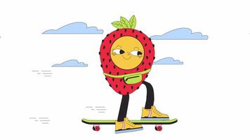 Strawberry skateboard line 2D animation. Retro groovy fruit skater 4K motion graphic. Cute geometric figure skateboarder teenage boy linear animated cartoon flat concept, white background video