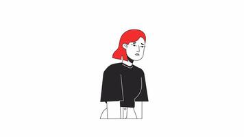 Woman sighing and lowering her head line 2D character animation. Pensive mood flat color cartoon 4K alpha channel. Tired female with depression animated person on white background video