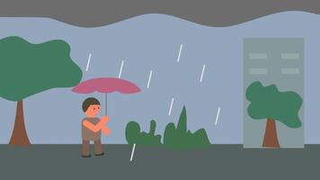 animado ilustración de un caminar en el lluvia plano diseño video