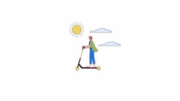 indio chico montando patada scooter línea 2d personaje animación. al aire libre actividad en soleado día plano color dibujos animados 4k alfa canal. hipster utilizando mi scooter animado persona en blanco antecedentes video