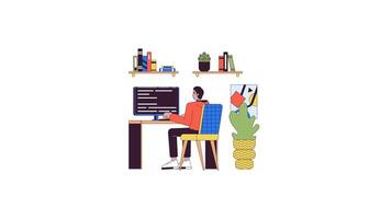 hindu masculino programador trabalhando em computador linha 2d personagem animação. casa escritório plano cor desenho animado 4k alfa canal. homem Programas desenvolvedor animado pessoa em branco fundo video