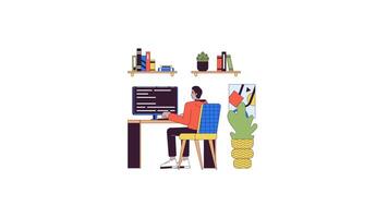 Hindu male programmer working on computer line 2D character animation. Home office flat color cartoon 4K alpha channel. man software developer animated person on white background video