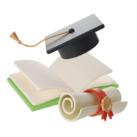 3D flying open Book, Diploma scroll and university or college black cap graduate Icon. Render Education or Business Literature. E-book, Encyclopedia, Textbook Illustration png