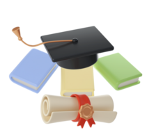 3D Books, Diploma scroll and university or college black cap graduate Icon. Render Education or Business Literature. E-book, Encyclopedia, Textbook Illustration png