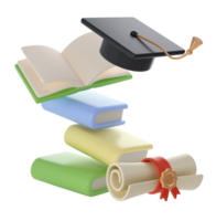 3D flying Books, Diploma scroll and university or college black cap graduate Icon. Render Education or Business Literature. E-book, Encyclopedia, Textbook Illustration png