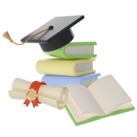 3D Stack of Books, Diploma scroll and university or college black cap graduate Icon. Render Education or Business Literature. E-book, Encyclopedia, Textbook Illustration png