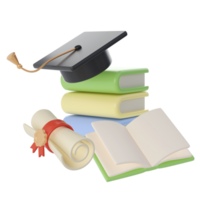 3D Stack of Books, Diploma scroll and university or college black cap graduate Icon. Render Education or Business Literature. E-book, Encyclopedia, Textbook Illustration png