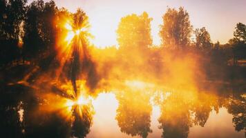 amanecer en un lago o río con un cielo reflejado en el agua, abedul arboles en el apuntalar y el rayos de sol rotura mediante ellos y niebla en otoño. estética de Clásico película. foto