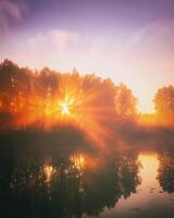 amanecer en un lago o río con un cielo reflejado en el agua, abedul arboles en el apuntalar y el rayos de sol rotura mediante ellos y niebla en otoño. estética de Clásico película. foto