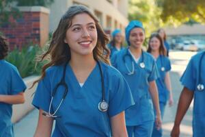 Diverse team of medical students in scrubs on campus. photo