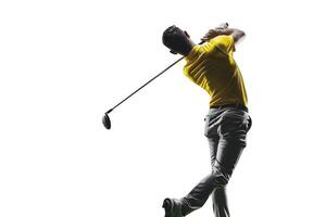 Golfer in yellow shirt swinging on white background photo