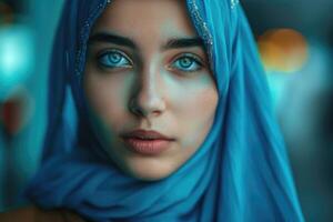 Portraiture of Young Girl Model wearing Hijab.Beautiful Hijab Fashion indoor photoshoot. photo