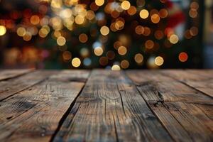 rustic wood table in front of christmas light night abstract circular bokeh background photo