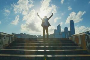 Businessman cheering on top of concrete stairs with city view in sunny day photo