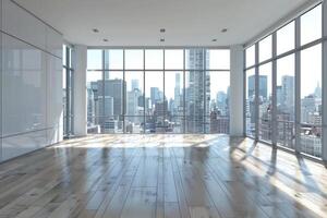 Modern empty room with windows in floor and city view 3D Render photo